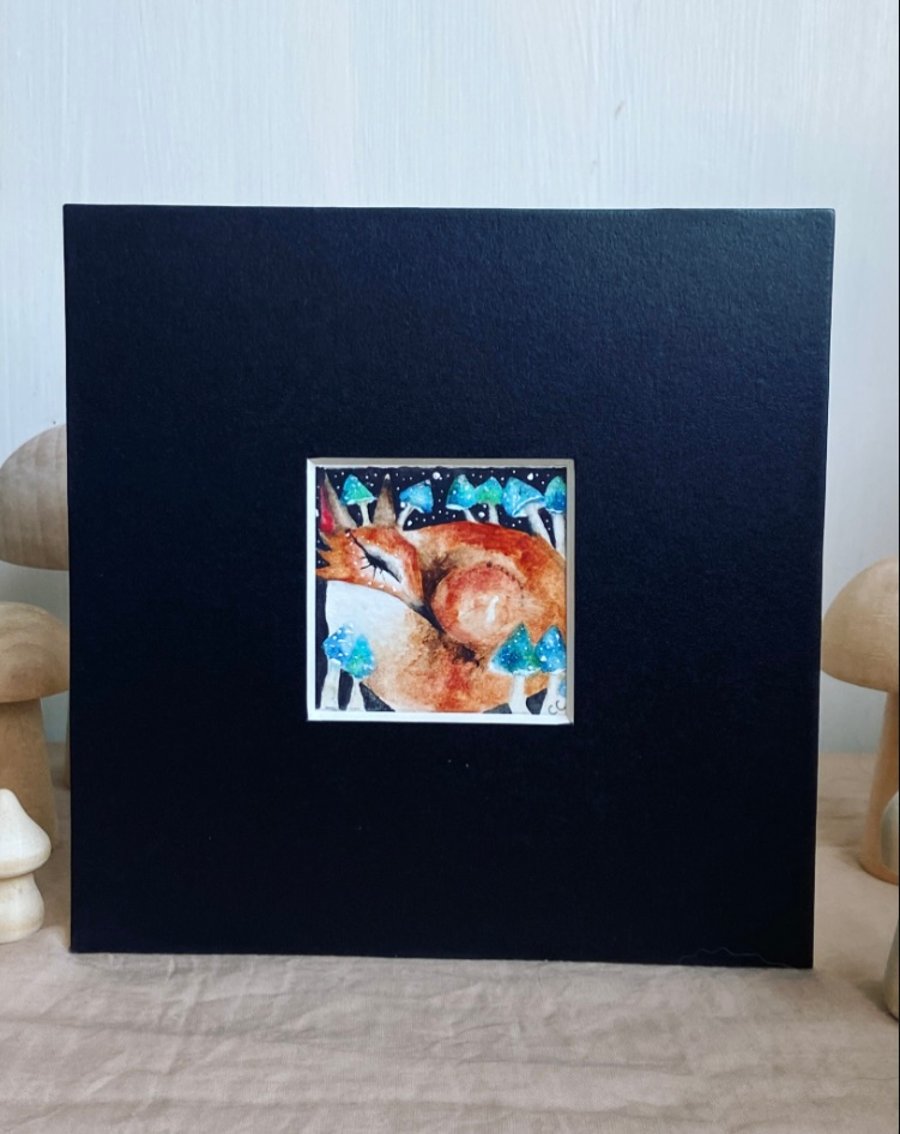 Original Resting Fox with Blue  Mushrooms Watercolour 