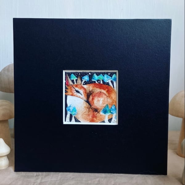 Original Resting Fox with Blue  Mushrooms Watercolour 