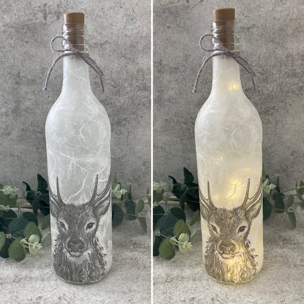 Decoupage & Textured Light Up Wine Bottle: Stag - Home Decor Rustic Christmas