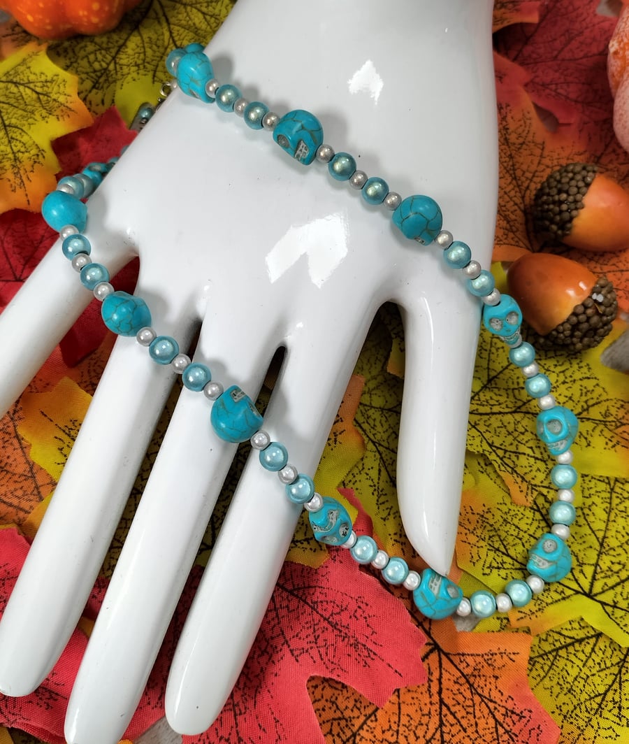 Halloween turquoise skull and miracle bead necklace
