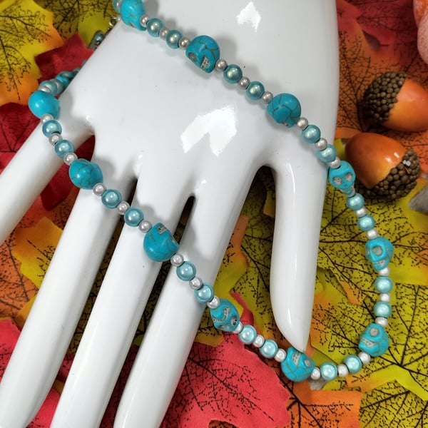Halloween turquoise skull and miracle bead necklace