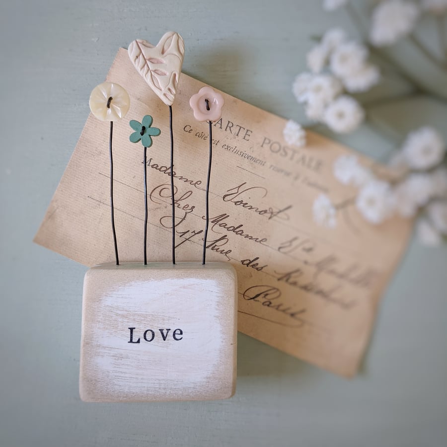 Clay Heart and Button Flowers in a Painted Wood Block 'Love'