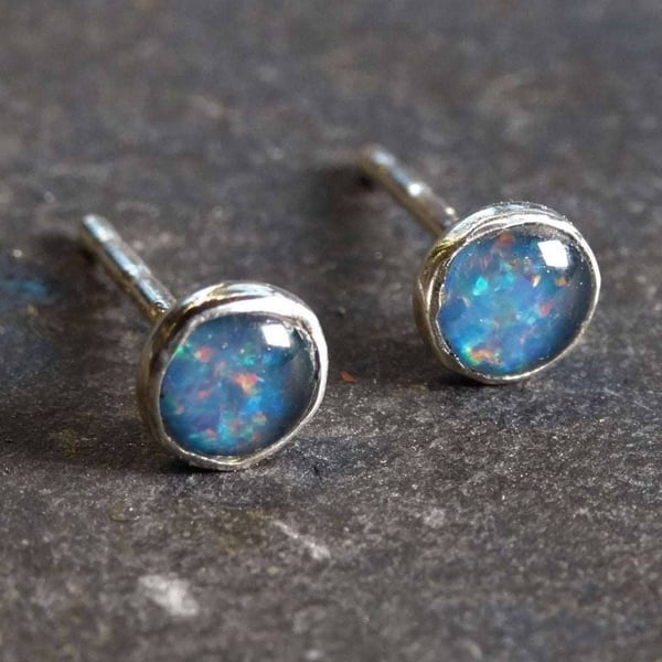 Opal stud earrings - October birthstone - blue opal studs - white opal studs - b