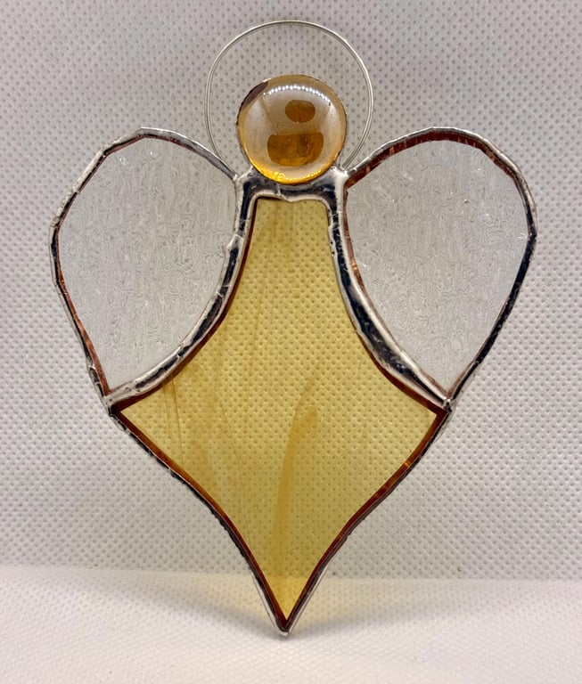 Stained Glass Heart Angel - yellow body and clear hammered glass wings