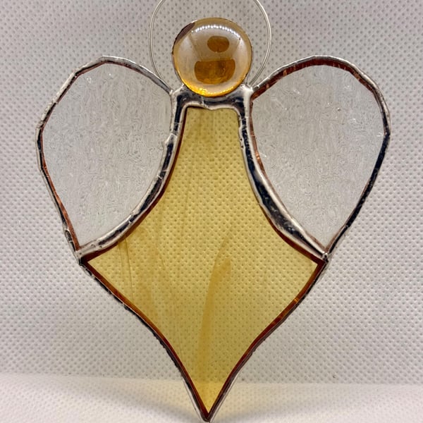 Stained Glass Heart Angel - yellow body and clear hammered glass wings
