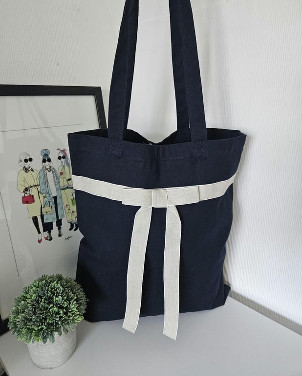 Organic Cotton Tote Bag: Navy Blue with Linen Bow