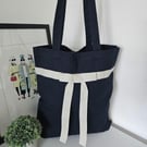 Organic Cotton Tote Bag: Navy Blue with Linen Bow