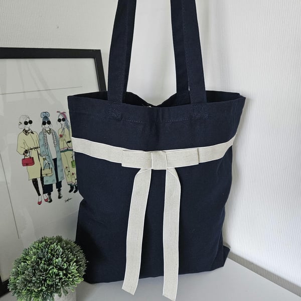 Organic Cotton Tote Bag: Navy Blue with Linen Bow
