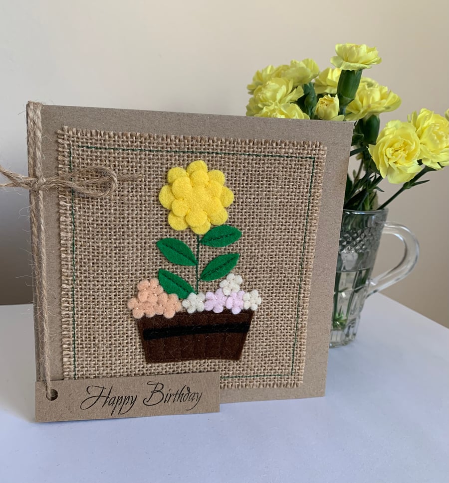 Birthday Card. Bright yellow and pastel flowers, felt, handmade. 