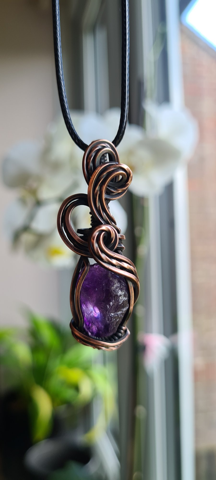 Handmade Natural Raw Rough Cut Amethyst Crystal & Copper Necklace Pendant Gift