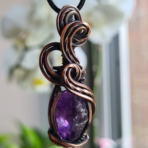 Handmade Natural Raw Rough Cut Amethyst Crystal & Copper Necklace Pendant Gift