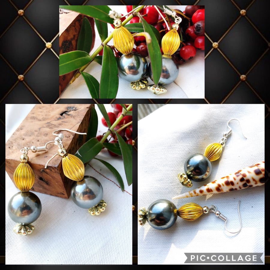 Silver Grey Round with Ribbed Gold Oval Bead Earrings