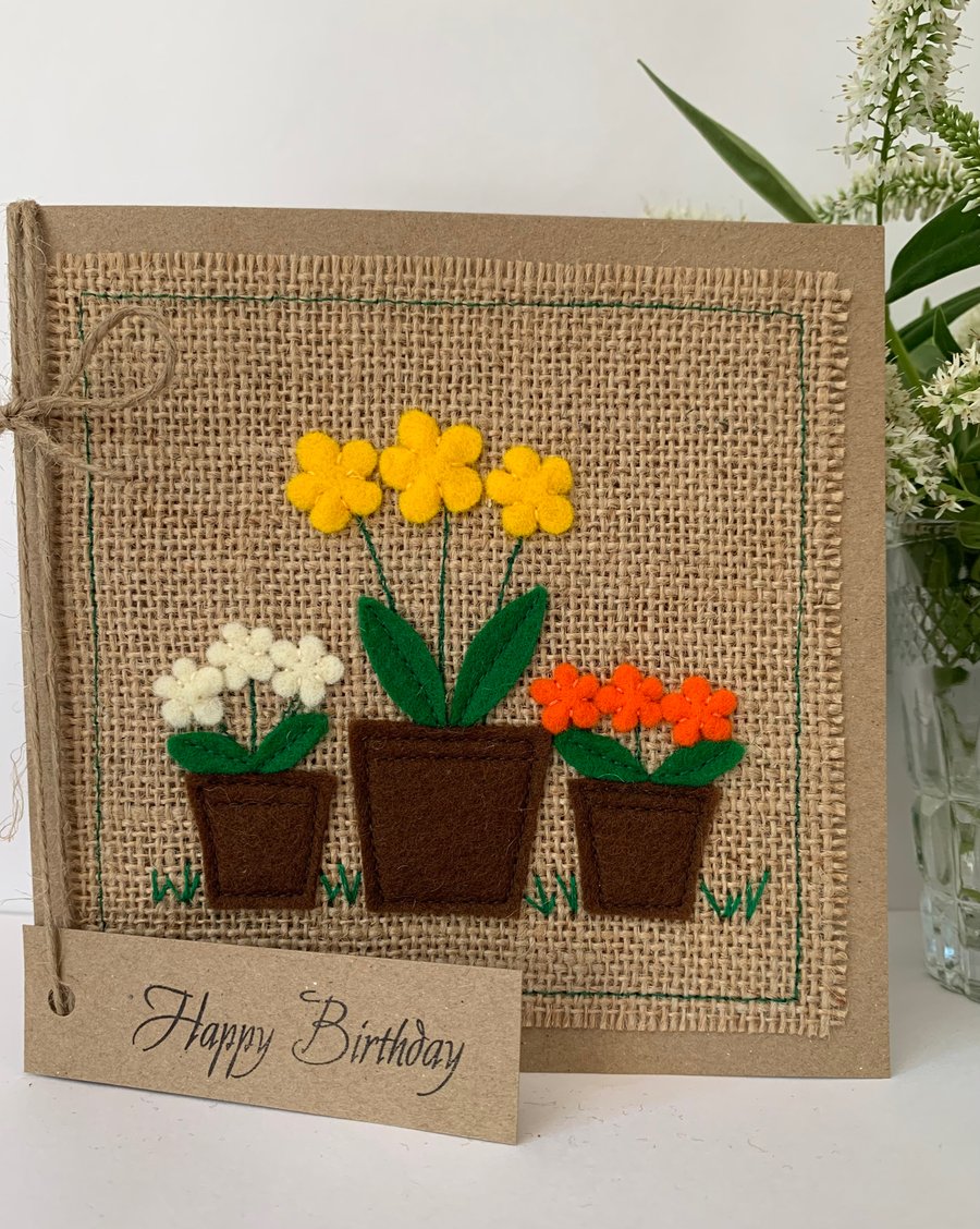 Handmade Birthday Card. Bright colourful flowers from wool felt. Keepsake.