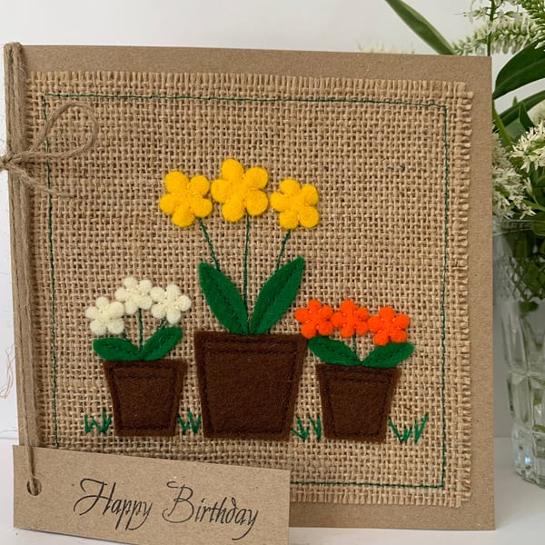 Handmade Birthday Card. Bright colourful flowers from wool felt. Keepsake.