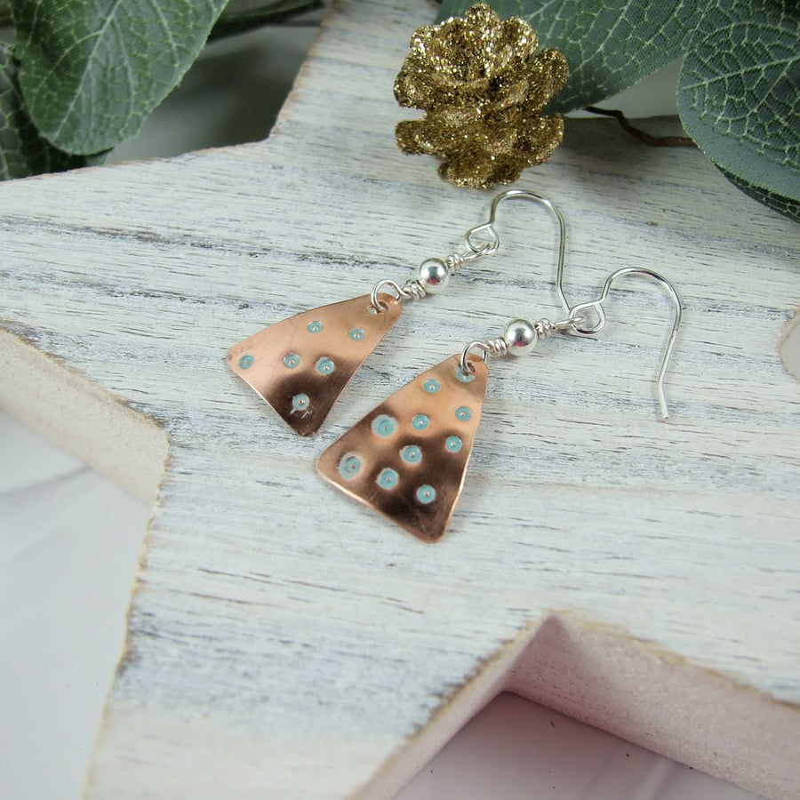 Christmas Tree Earrings. Copper with Sterling Silver Bead and Ear Wires
