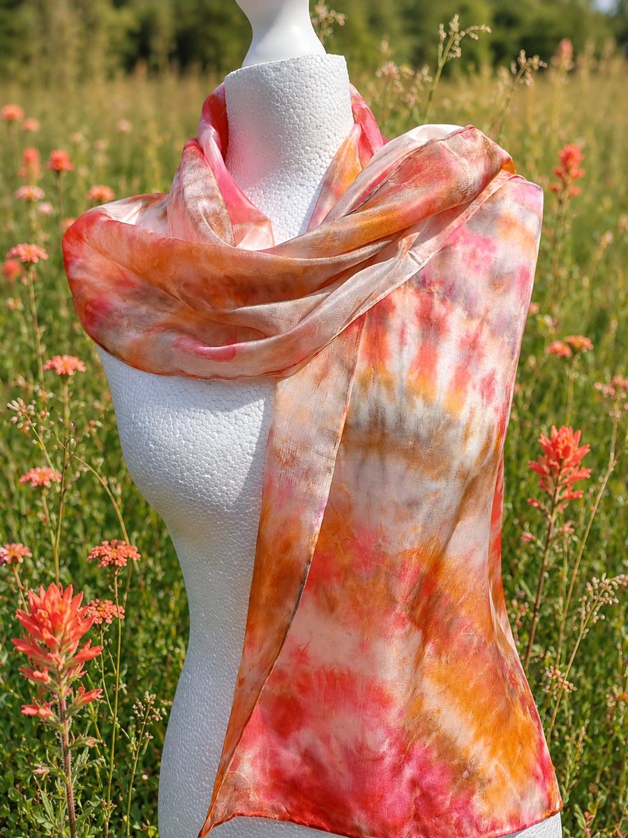 Pure Silk Hand Dyed Scarf in Vibrant Oranges.  'Sunset'