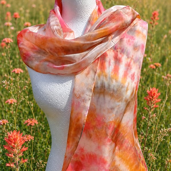 Pure Silk Hand Dyed Scarf in Vibrant Oranges.  'Sunset'