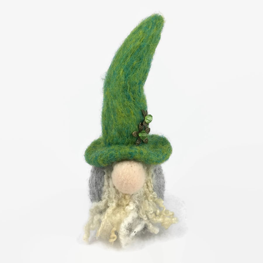 Tomte, gnome, needle felted with green hat