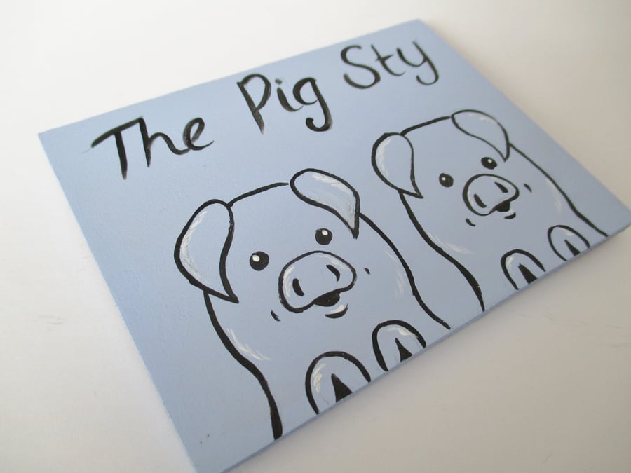 Pig Sty Door Sign Plaque Wooden Hand Painted Blue with two piggies