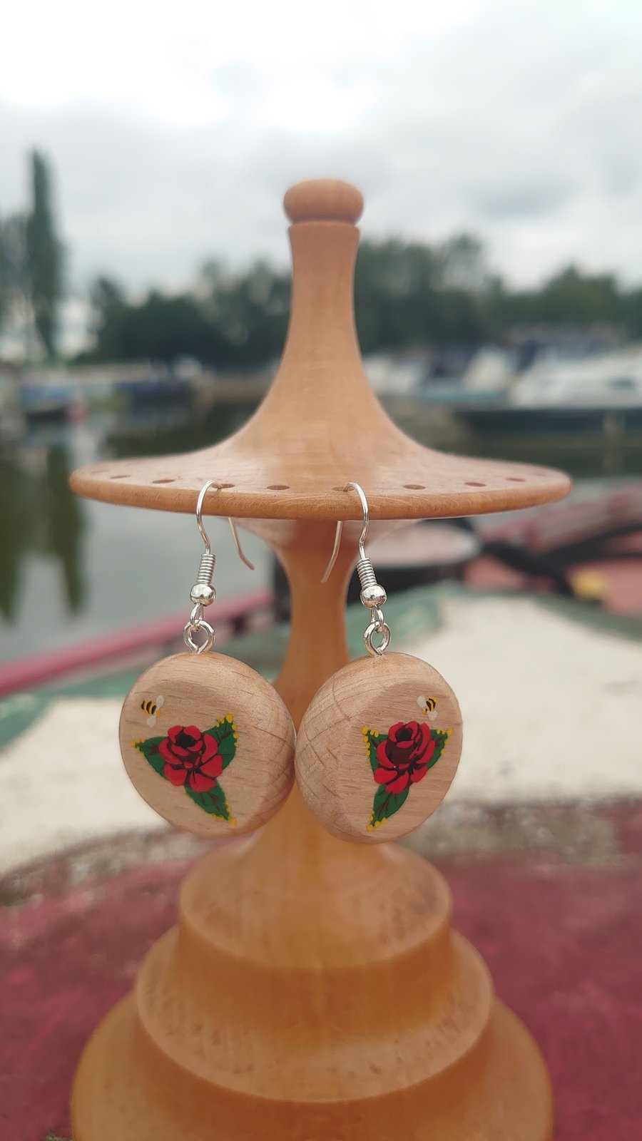 Handpainted canal art rose earrings