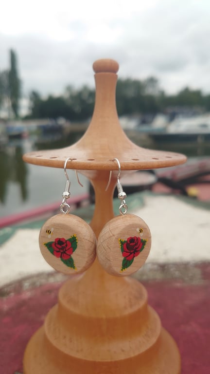 Handpainted canal art rose earrings