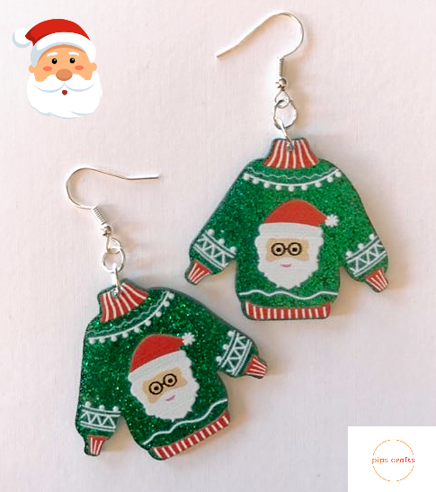 Fun Sparkly Green Christmas Jumper Earrings, Santa -  Quirky Gift Idea