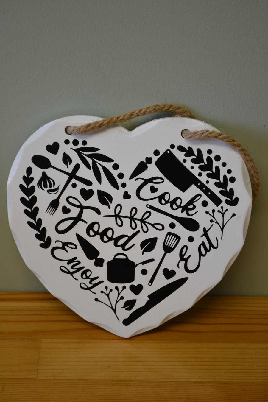 Handmade Heart-Shaped Hanging Plaque – “Cook, Eat, Food, Enjoy”