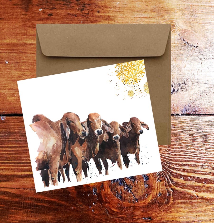 Red Brahman Cattle Square Christmas Card(s) Single Pack of 6.Brahman Cattle card