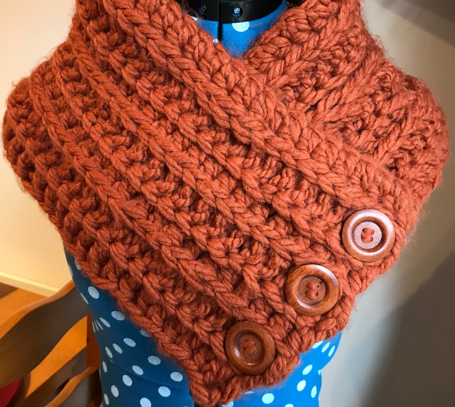 Super chunky crochet snood with buttons.