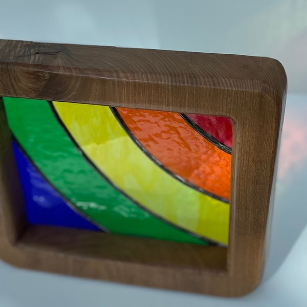 ‘Rays’ rainbow stained glass suncatcher , solid oak wood frame ethically sourced