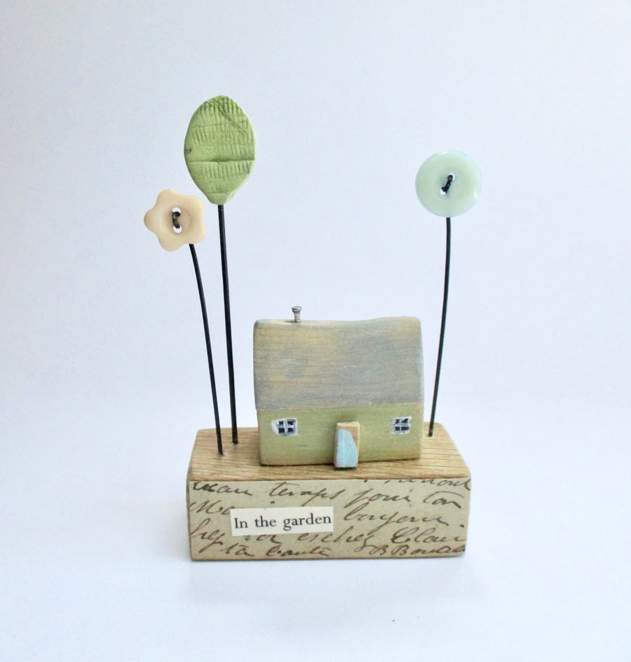 SALE - Little wooden home with a clay tree and button flowers