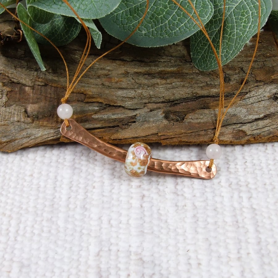 Copper Rose Necklace. Glass Lampwork Bead with Rose Quartz.