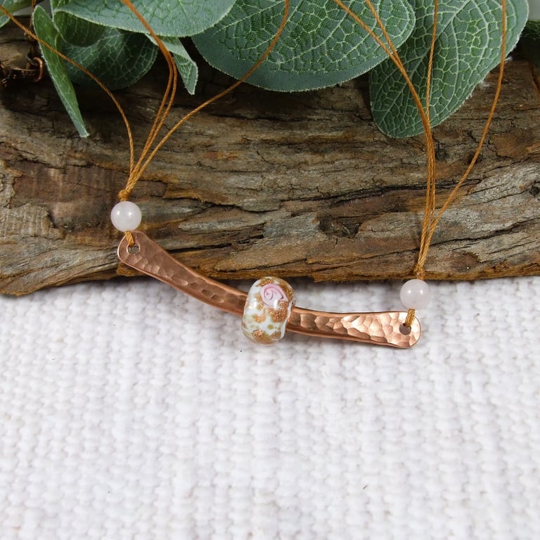 Copper Rose Necklace. Glass Lampwork Bead with Rose Quartz.