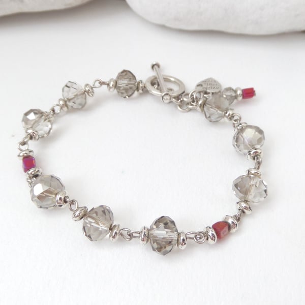 Smoky Quartz Neutral Crystal,  Tibetan Silver Toggle Clasp Bracelet