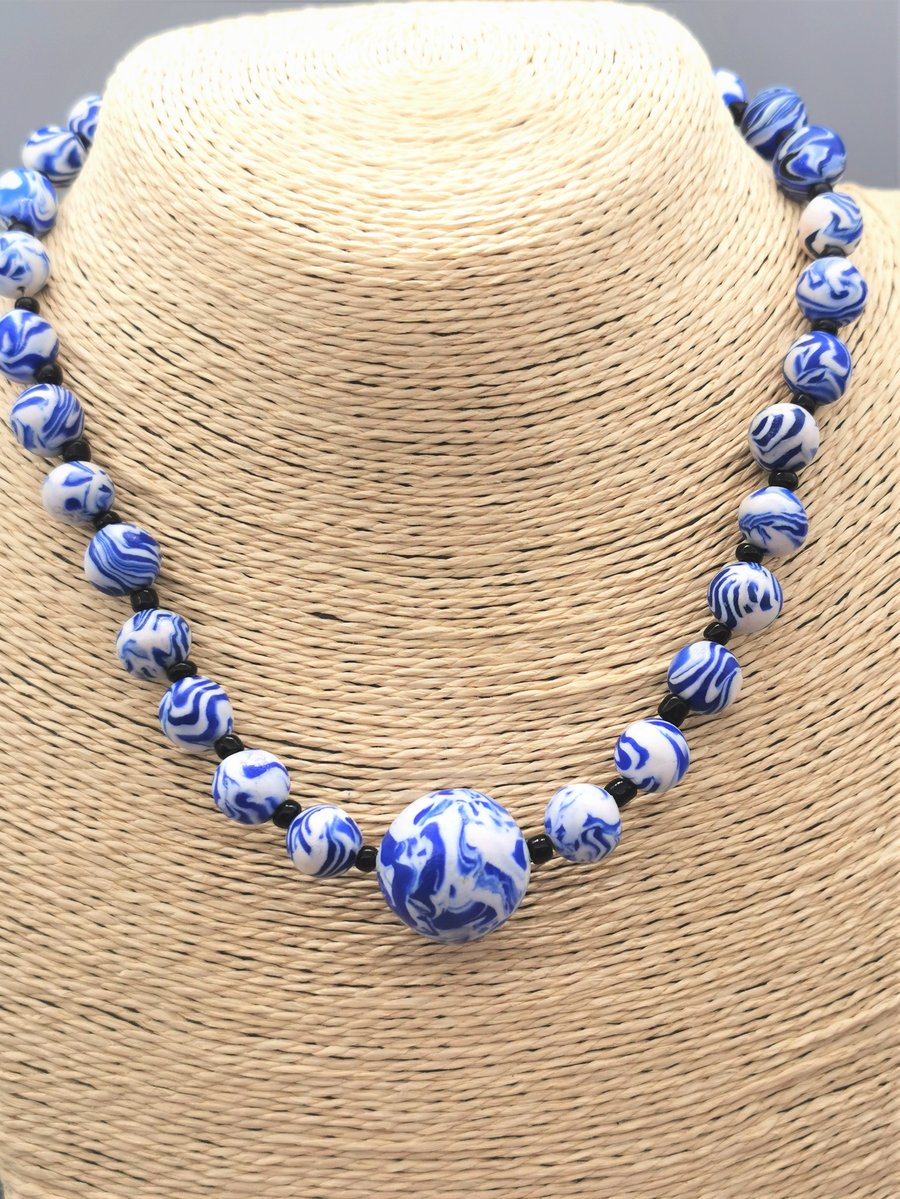 Handmade Blue and White Patterned Bead Choker Necklace