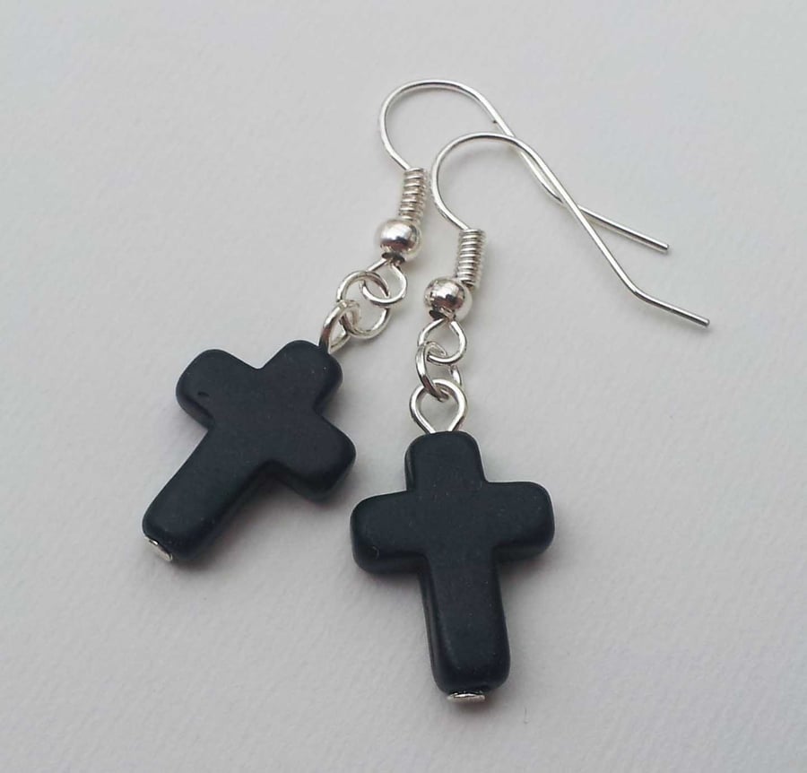 Gothic Black Agate Cross Earrings