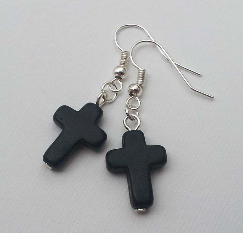 Gothic Black Agate Cross Earrings