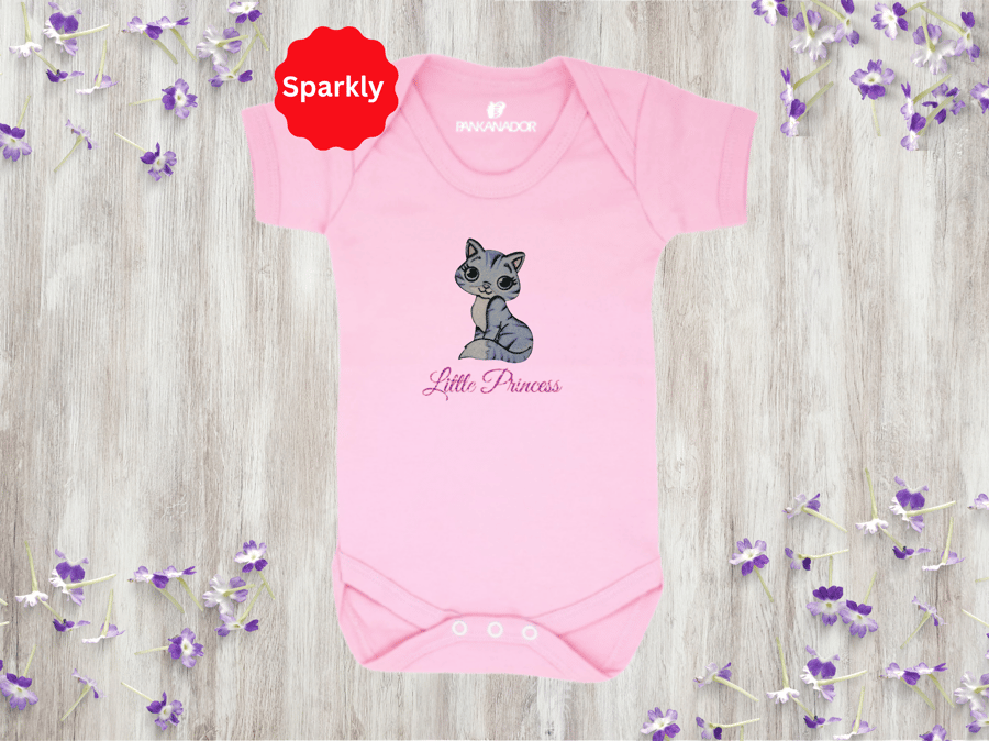 Personalised Baby Bodysuit Babygrow With Cute Sparkly Cat, Custom Name Gift