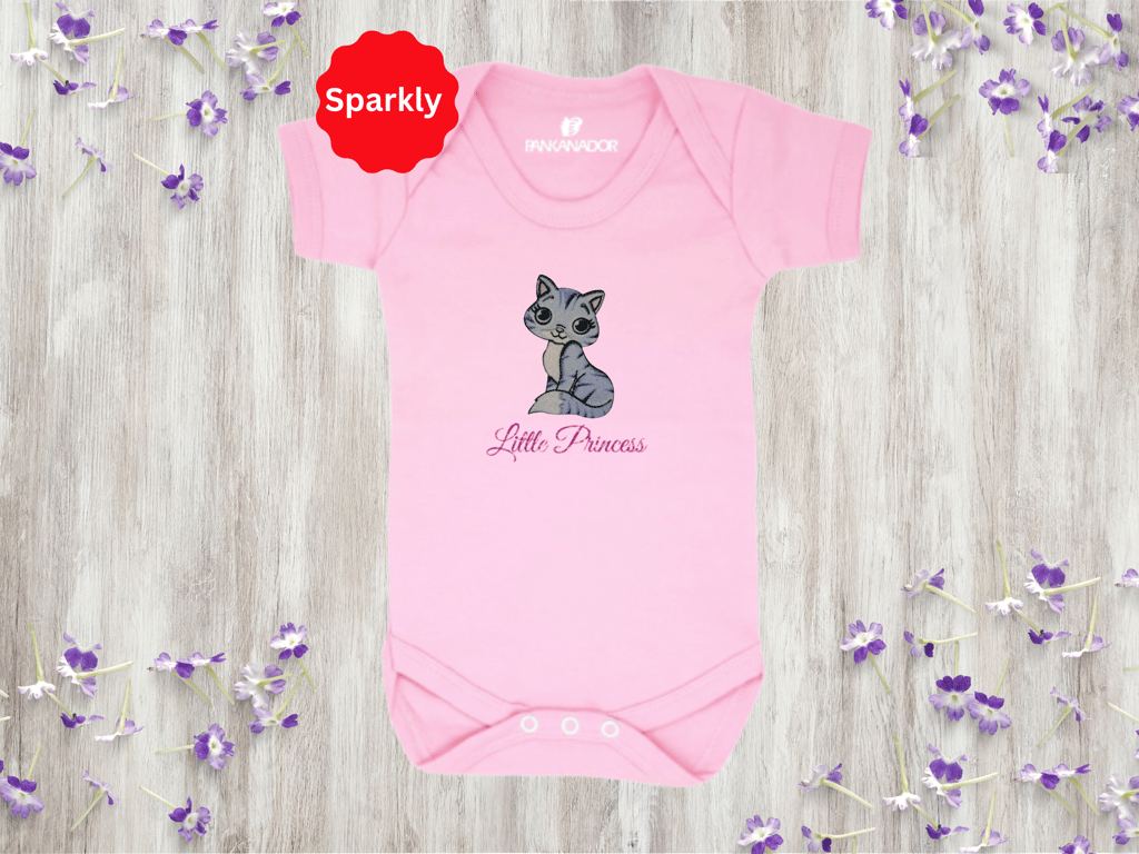 Personalised Baby Bodysuit Babygrow With Cute Sparkly Cat, Custom Name Gift