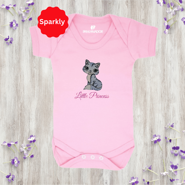 Personalised Baby Bodysuit Babygrow With Cute Sparkly Cat, Custom Name Gift