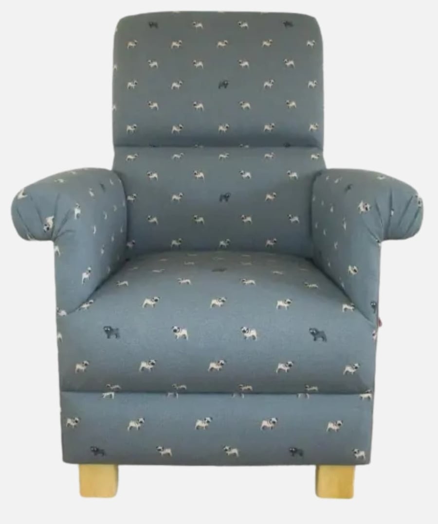 Sophie Allport Armchair Pugs Fabric Adult Chair Dogs Grey Blue Accent Nursery 