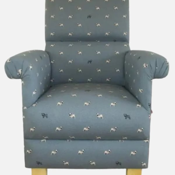 Sophie Allport Armchair Pugs Fabric Adult Chair Dogs Grey Blue Accent Nursery 