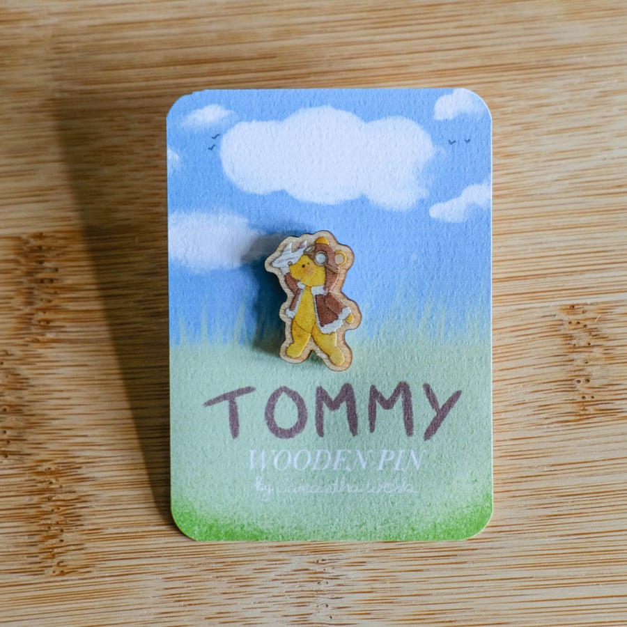 Tommy the bear. Aviator and aeroplane. Illustrated Wooden Pin badge 
