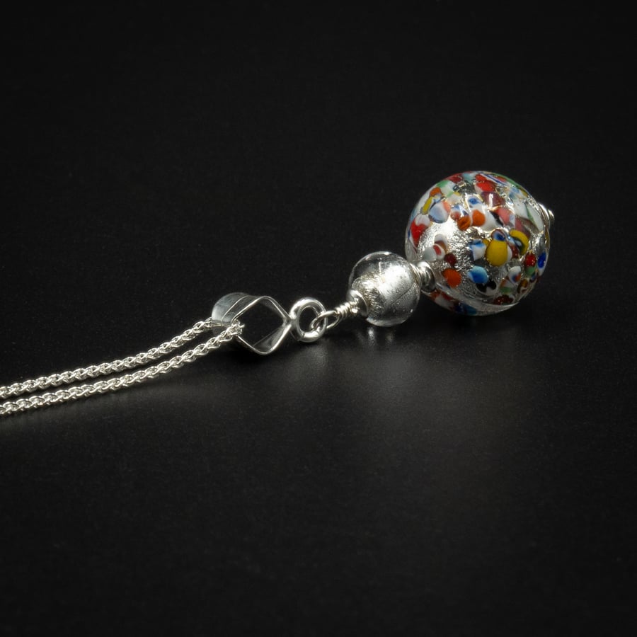 Murano multi colour sterling silver Venetian glass handmade pendant necklace.