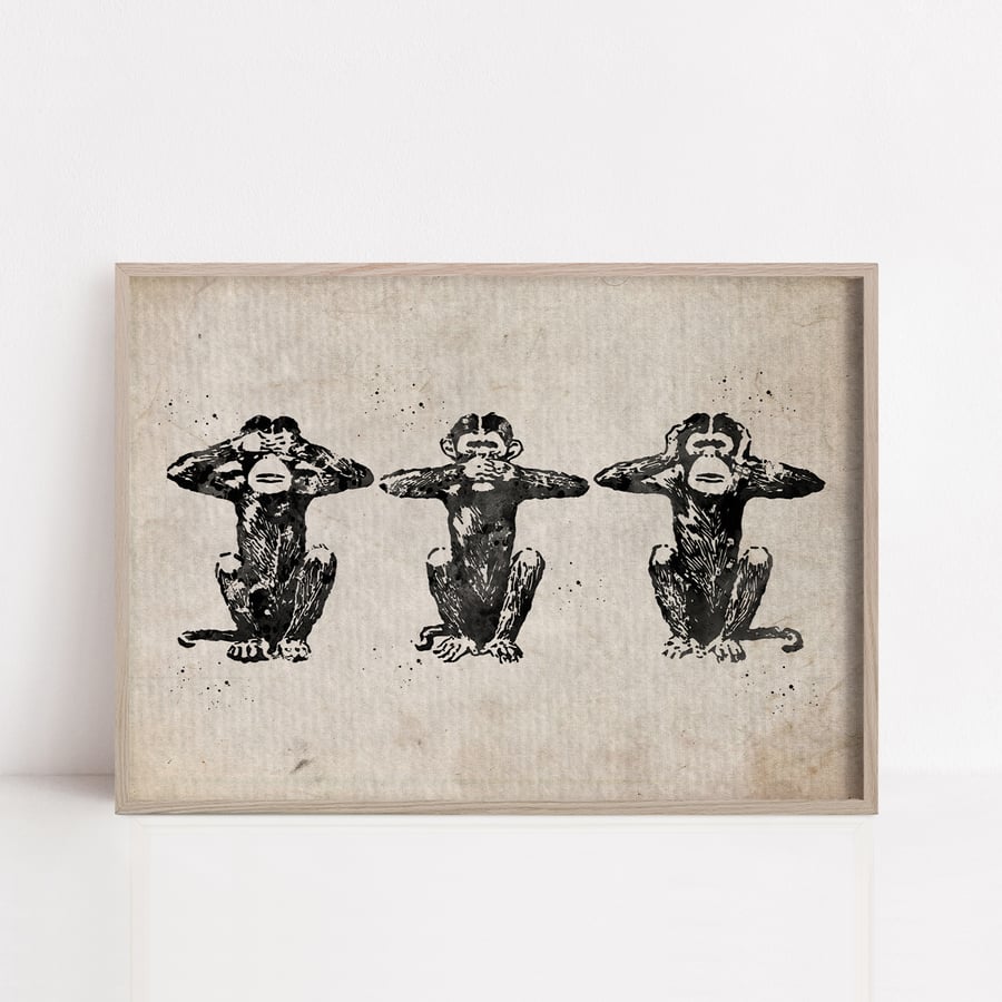 Three Wise Monkeys Ink Stamp art landscape print