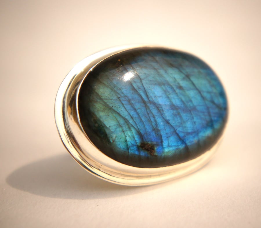Large Bright Labradorite and Sterling Silver Ring