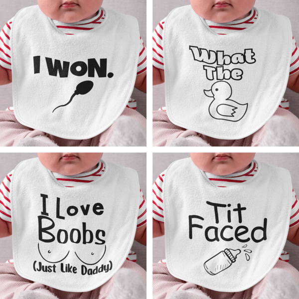 Funny Novelty Baby Bibs - New Baby Joke Rude Gift -Many Baby Bib Variations