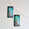 Enamelled rectangular copper pink and green earrings 071