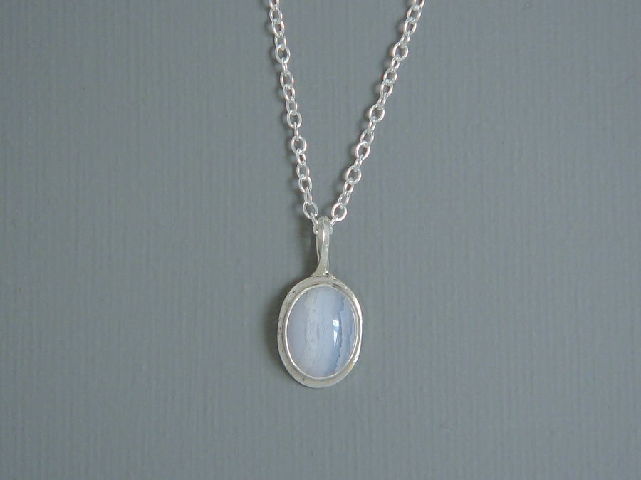 Semi-Precious Blue Lace Agate Set in a Fine Silver Minimalist Pendant