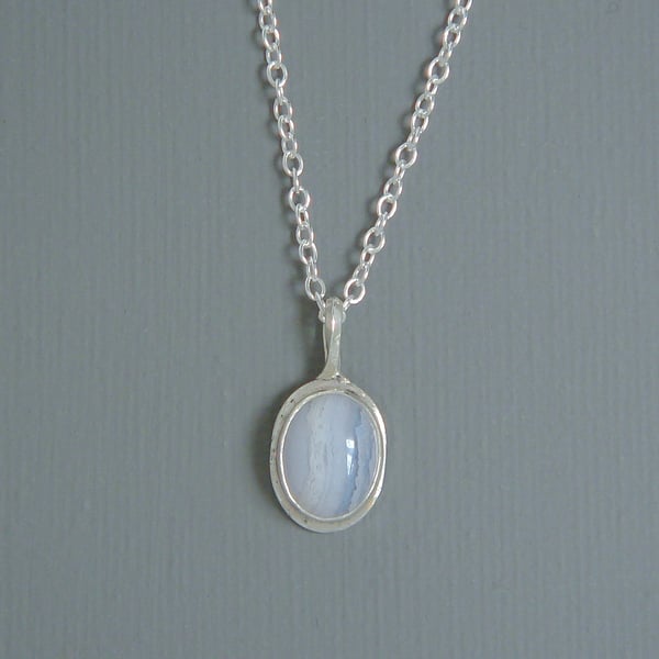 Semi-Precious Blue Lace Agate Set in a Fine Silver Minimalist Pendant